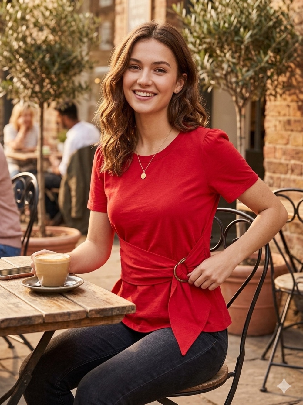Maeve Anthropologie Red Puff Sleeve O-Ring Wrap Peplum Top Knit Blouse M Medium